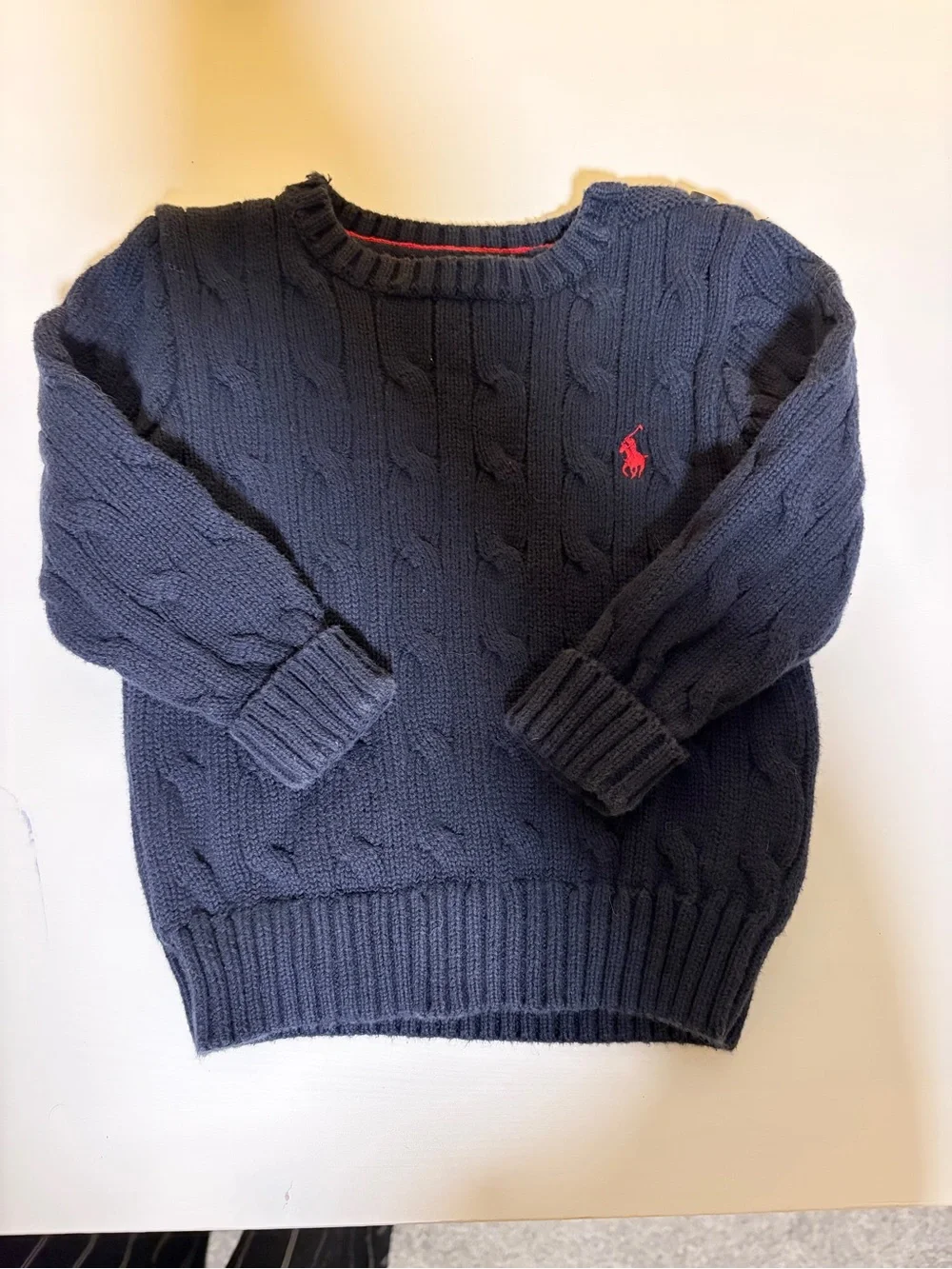 Ralph Lauren Navy Cable-Knit Crewneck Sweater with Red Pony